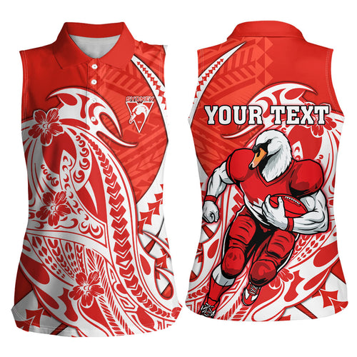 Personalized Sydney Swans Women Sleeveless Polo Shirt Polynesian Tribal Swan Mascot With Hibiscus Floral Art