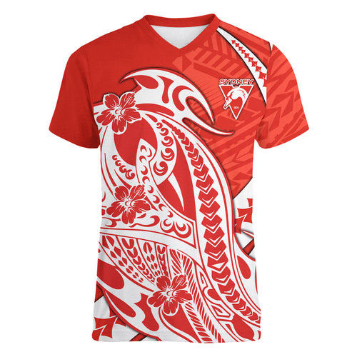 Personalized Sydney Swans Women V-Neck T-Shirt Polynesian Tribal Swan Mascot With Hibiscus Floral Art
