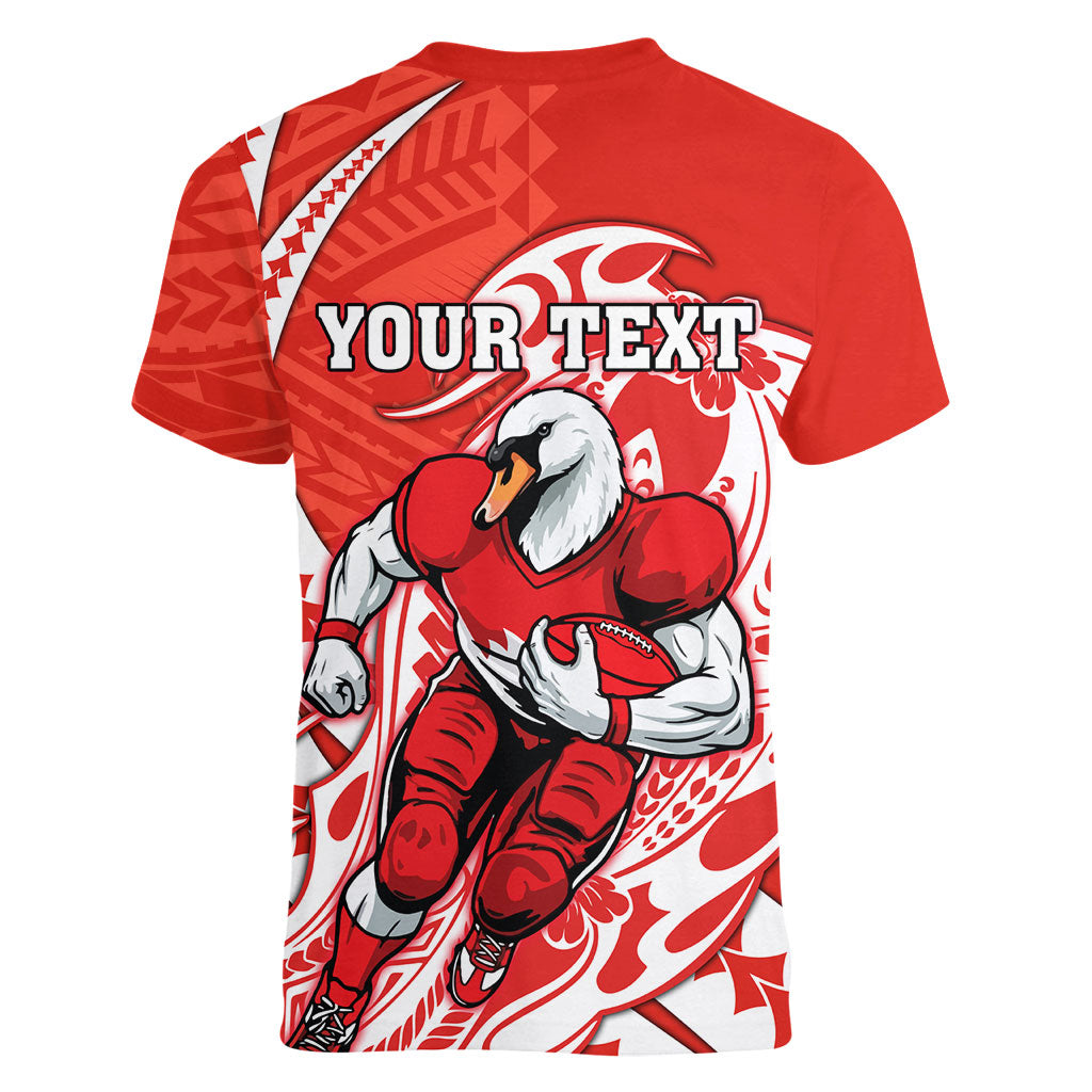 Personalized Sydney Swans Women V-Neck T-Shirt Polynesian Tribal Swan Mascot With Hibiscus Floral Art