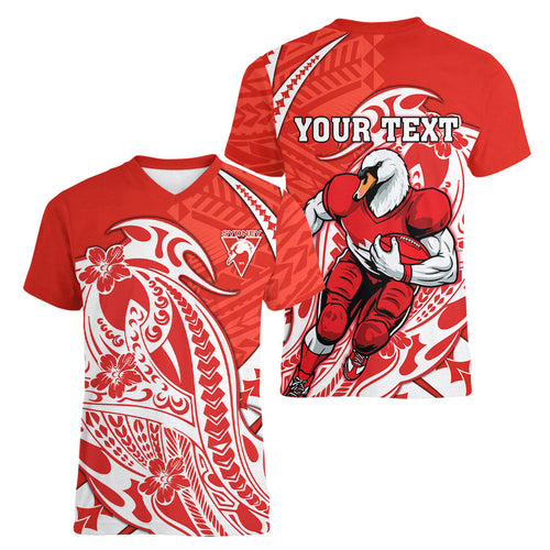 Personalized Sydney Swans Women V-Neck T-Shirt Polynesian Tribal Swan Mascot With Hibiscus Floral Art