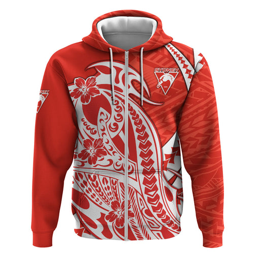 Personalized Sydney Swans Zip Hoodie Polynesian Tribal Swan Mascot With Hibiscus Floral Art