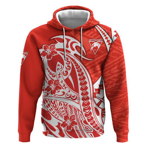 Personalized Sydney Swans Zip Hoodie Polynesian Tribal Swan Mascot With Hibiscus Floral Art