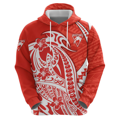 Personalized Sydney Swans Zip Hoodie Polynesian Tribal Swan Mascot With Hibiscus Floral Art