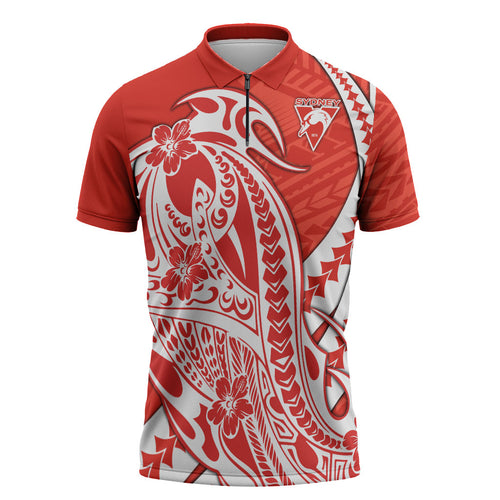 Personalized Sydney Swans Zipper Polo Shirt Polynesian Tribal Swan Mascot With Hibiscus Floral Art