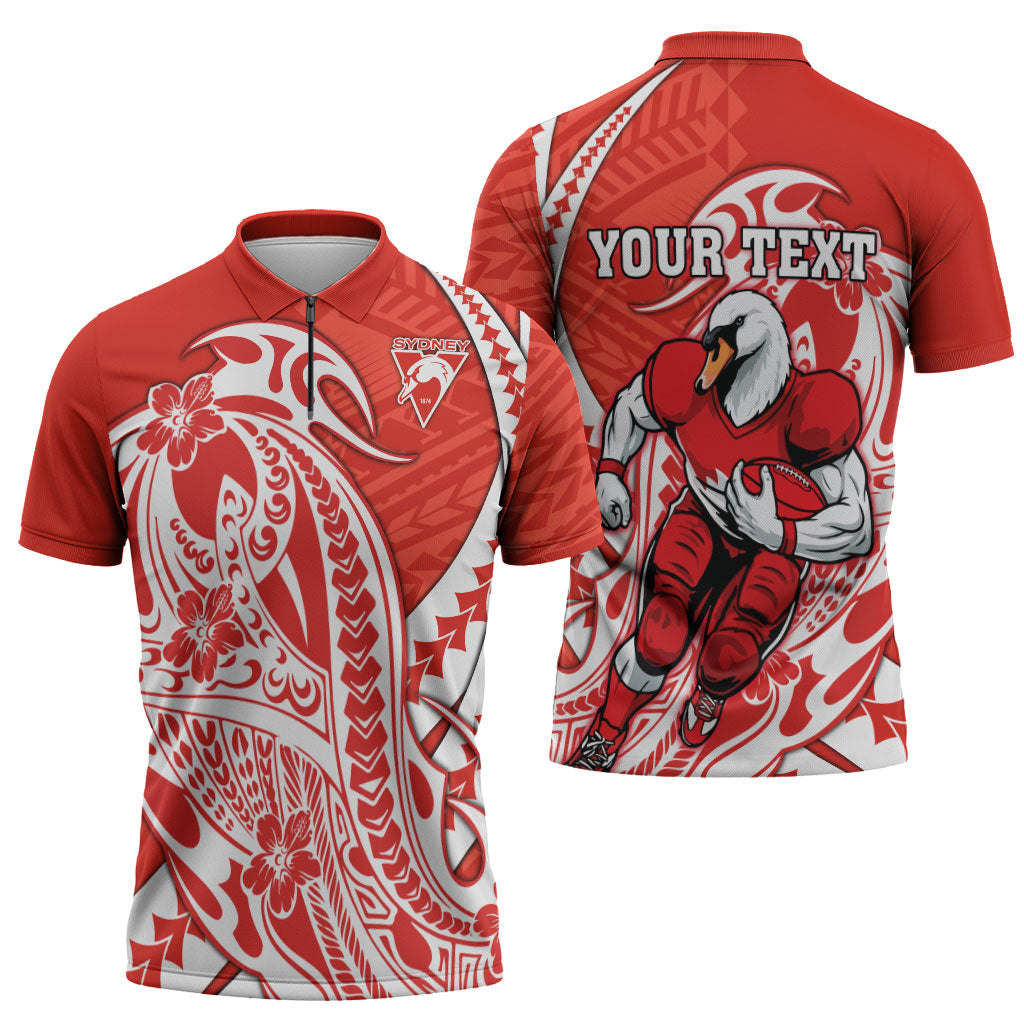 Personalized Sydney Swans Zipper Polo Shirt Polynesian Tribal Swan Mascot With Hibiscus Floral Art