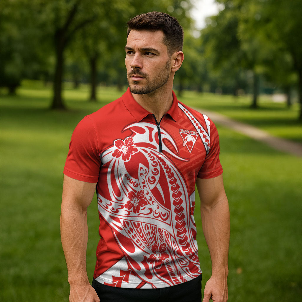 Personalized Sydney Swans Zipper Polo Shirt Polynesian Tribal Swan Mascot With Hibiscus Floral Art