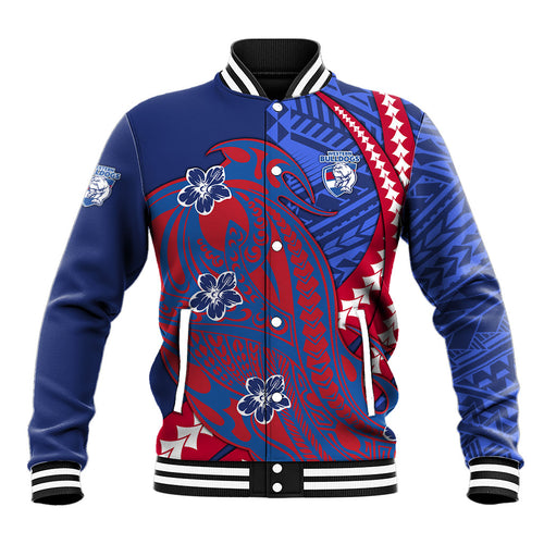 Personalized Western Bulldogs Baseball Jacket Polynesian Tribal Bulldog Mascot With Hibiscus Floral Art
