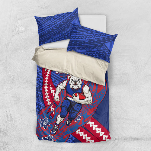 Personalized Western Bulldogs Bedding Set Polynesian Tribal Bulldog Mascot With Hibiscus Floral Art