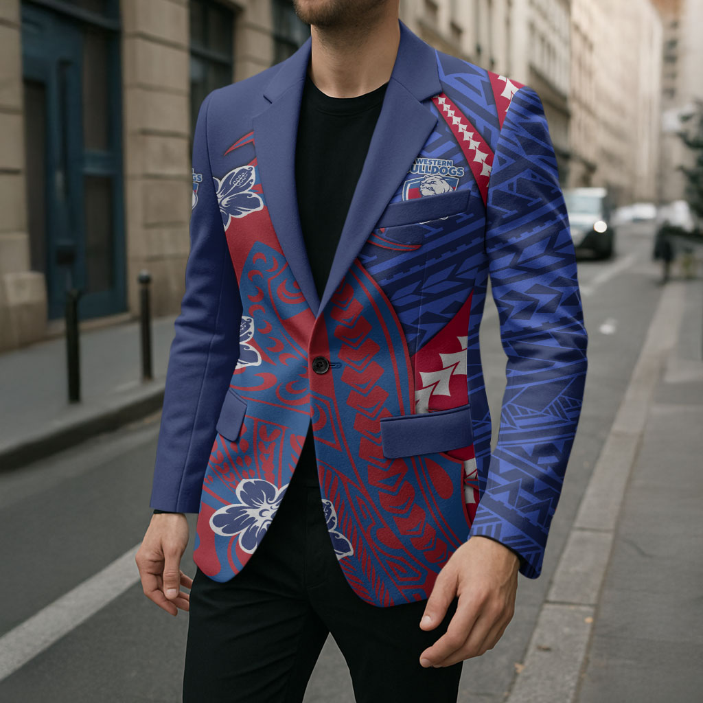 Personalized Western Bulldogs Blazer Polynesian Tribal Bulldog Mascot With Hibiscus Floral Art