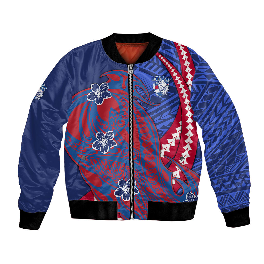 Personalized Western Bulldogs Bomber Jacket Polynesian Tribal Bulldog Mascot With Hibiscus Floral Art