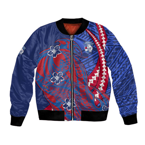 Personalized Western Bulldogs Bomber Jacket Polynesian Tribal Bulldog Mascot With Hibiscus Floral Art