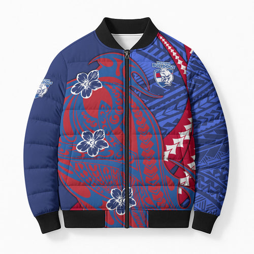 Personalized Western Bulldogs Bomber Puffer Jacket Polynesian Tribal Bulldog Mascot With Hibiscus Floral Art