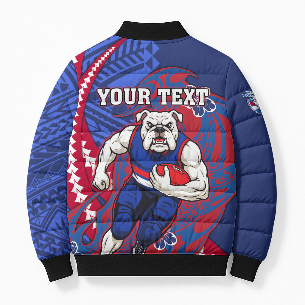Personalized Western Bulldogs Bomber Puffer Jacket Polynesian Tribal Bulldog Mascot With Hibiscus Floral Art