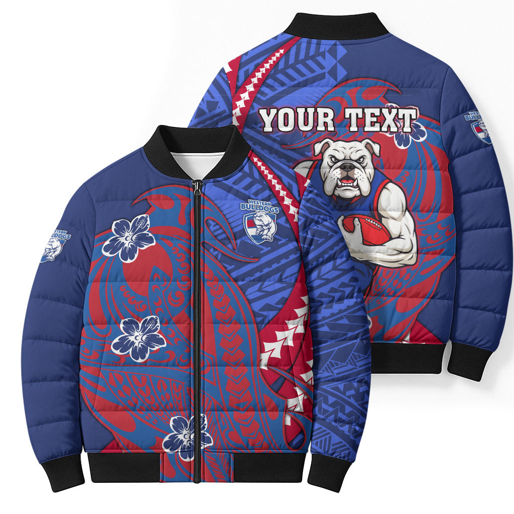 Personalized Western Bulldogs Bomber Puffer Jacket Polynesian Tribal Bulldog Mascot With Hibiscus Floral Art