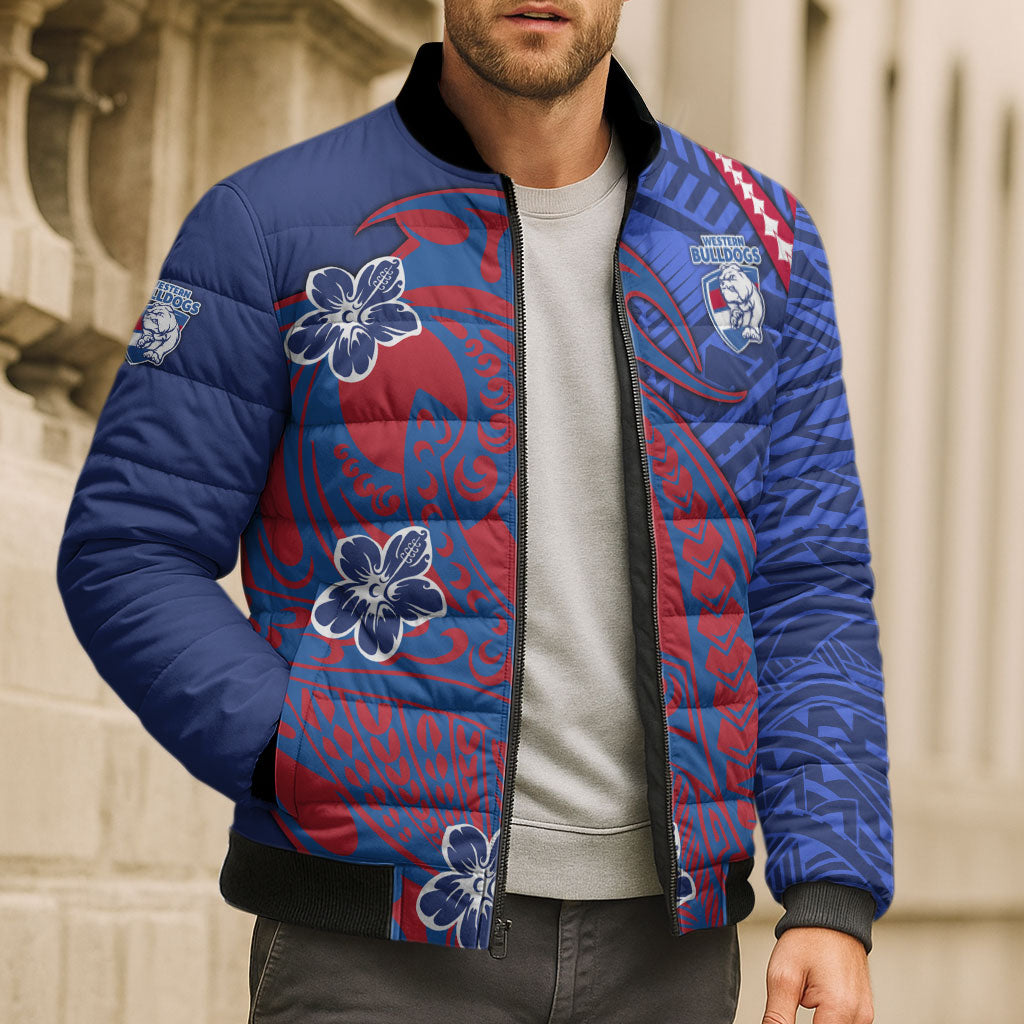 Personalized Western Bulldogs Bomber Puffer Jacket Polynesian Tribal Bulldog Mascot With Hibiscus Floral Art