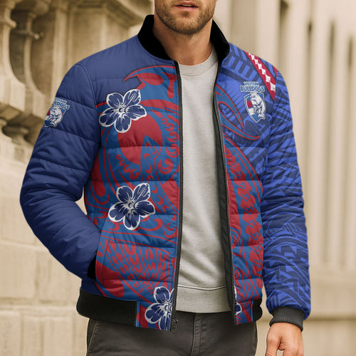Personalized Western Bulldogs Bomber Puffer Jacket Polynesian Tribal Bulldog Mascot With Hibiscus Floral Art