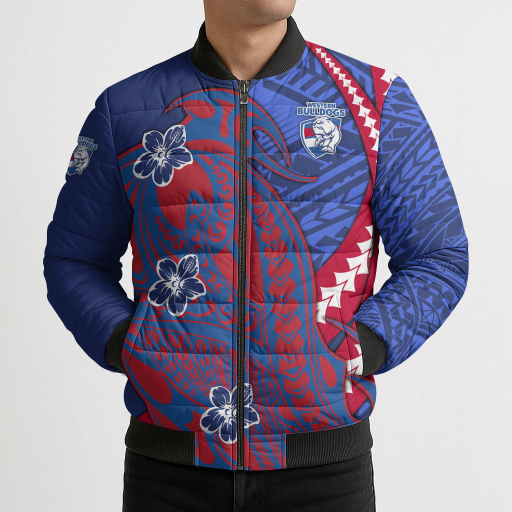 Personalized Western Bulldogs Bomber Puffer Jacket Polynesian Tribal Bulldog Mascot With Hibiscus Floral Art