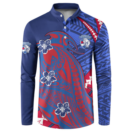 Personalized Western Bulldogs Button Sweatshirt Polynesian Tribal Bulldog Mascot With Hibiscus Floral Art