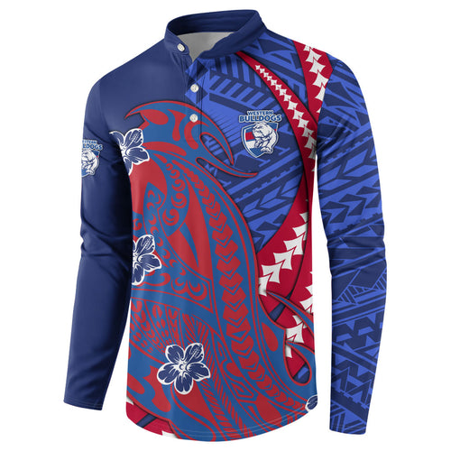 Personalized Western Bulldogs Button Sweatshirt Polynesian Tribal Bulldog Mascot With Hibiscus Floral Art