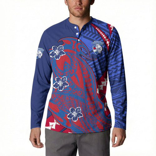 Personalized Western Bulldogs Button Sweatshirt Polynesian Tribal Bulldog Mascot With Hibiscus Floral Art