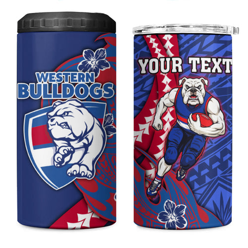 Personalized Western Bulldogs 4 in 1 Can Cooler Tumbler Polynesian Tribal Bulldog Mascot With Hibiscus Floral Art