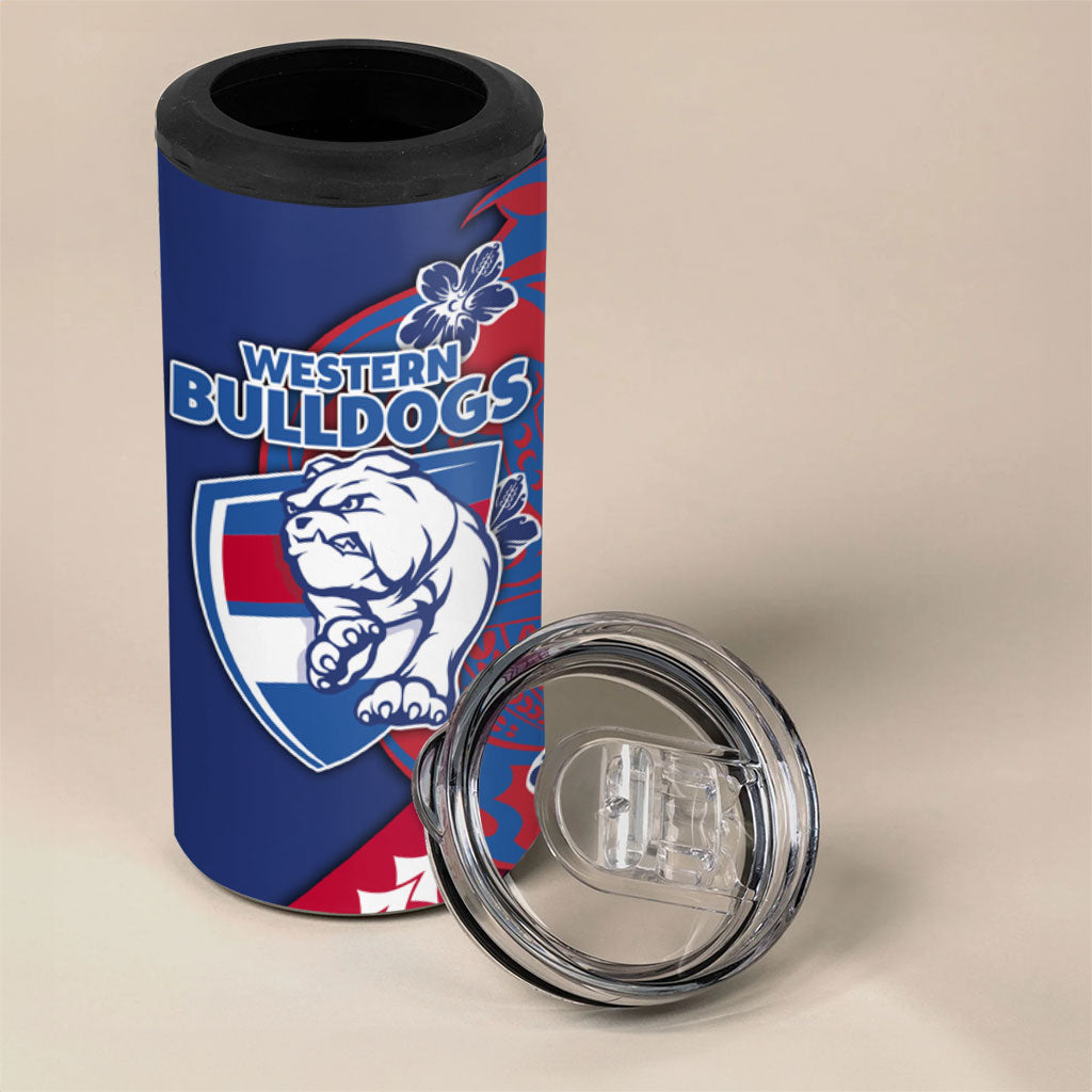 Personalized Western Bulldogs 4 in 1 Can Cooler Tumbler Polynesian Tribal Bulldog Mascot With Hibiscus Floral Art