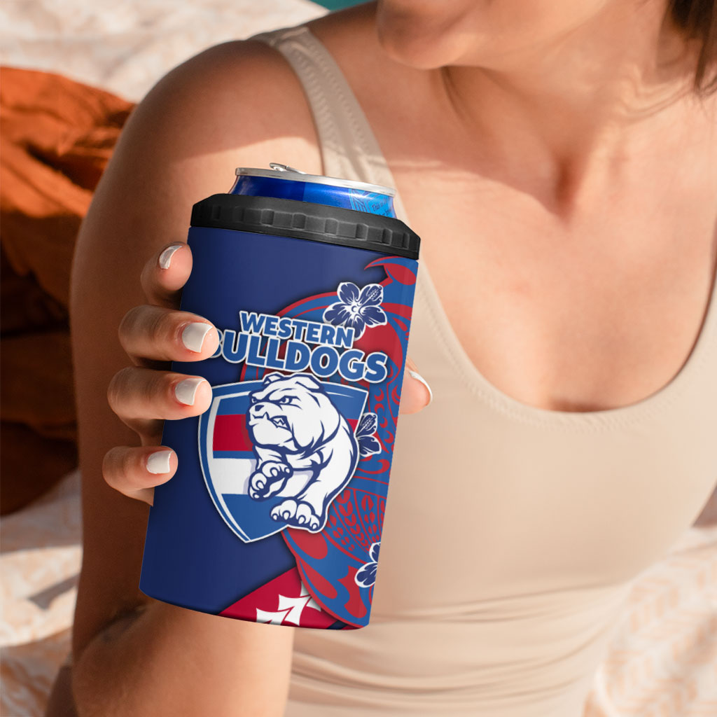 Personalized Western Bulldogs 4 in 1 Can Cooler Tumbler Polynesian Tribal Bulldog Mascot With Hibiscus Floral Art