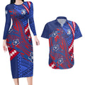Personalized Western Bulldogs Couples Matching Long Sleeve Bodycon Dress and Hawaiian Shirt Polynesian Tribal Bulldog Mascot With Hibiscus Floral Art