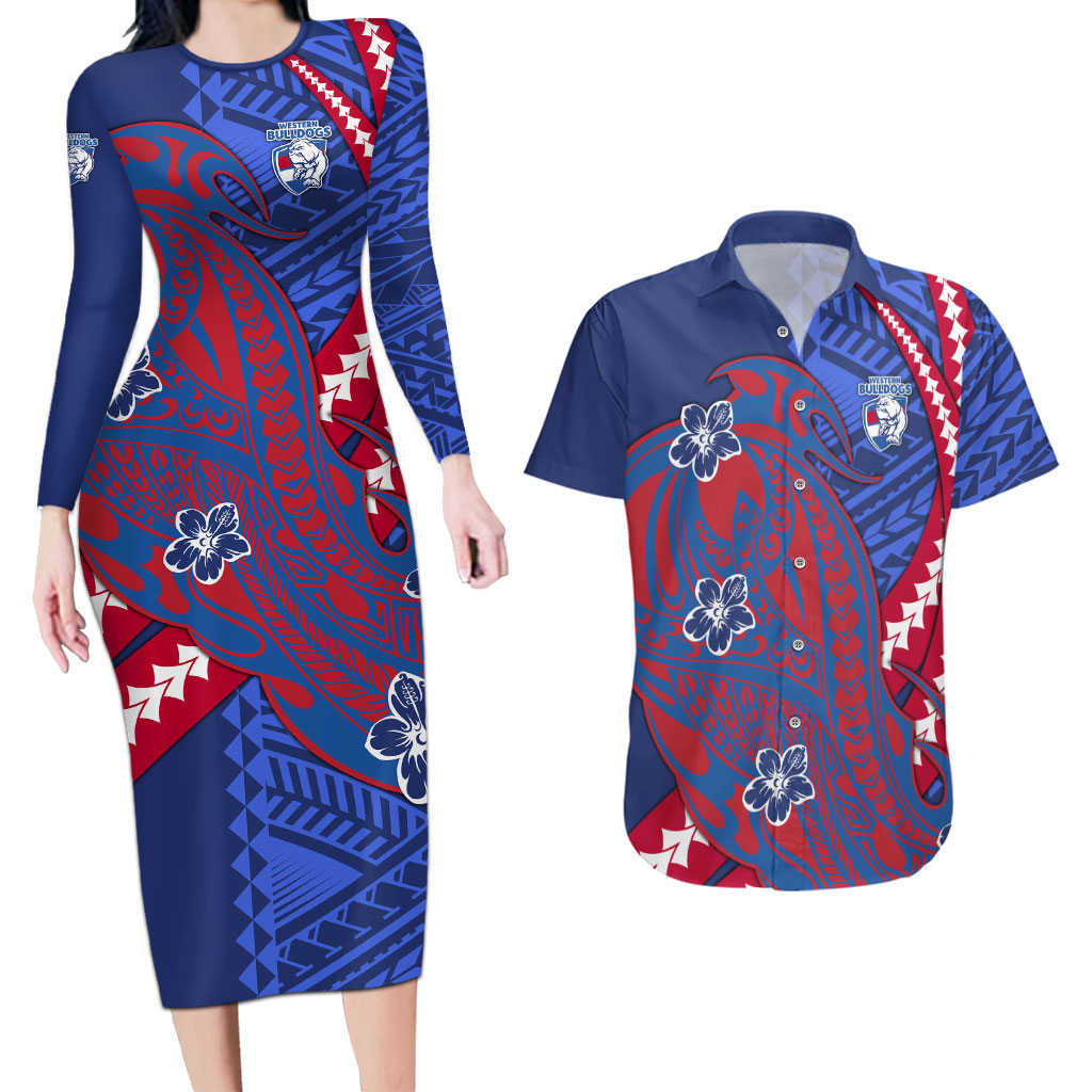 Personalized Western Bulldogs Couples Matching Long Sleeve Bodycon Dress and Hawaiian Shirt Polynesian Tribal Bulldog Mascot With Hibiscus Floral Art