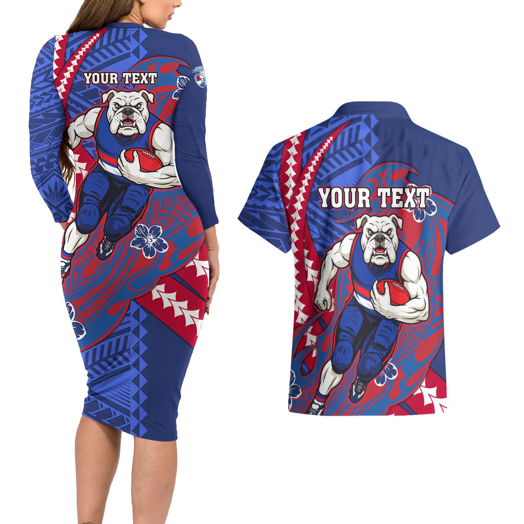 Personalized Western Bulldogs Couples Matching Long Sleeve Bodycon Dress and Hawaiian Shirt Polynesian Tribal Bulldog Mascot With Hibiscus Floral Art