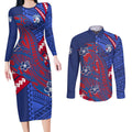Personalized Western Bulldogs Couples Matching Long Sleeve Bodycon Dress and Long Sleeve Button Shirt Polynesian Tribal Bulldog Mascot With Hibiscus Floral Art