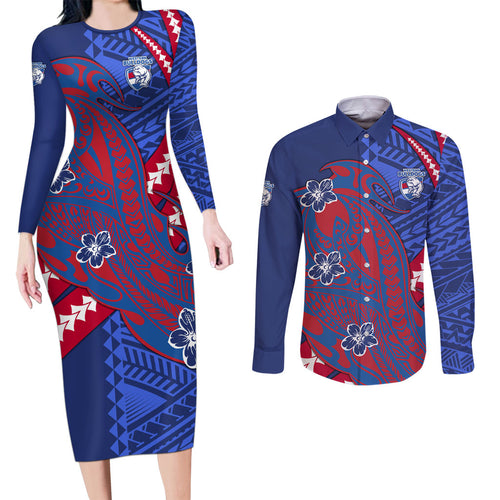 Personalized Western Bulldogs Couples Matching Long Sleeve Bodycon Dress and Long Sleeve Button Shirt Polynesian Tribal Bulldog Mascot With Hibiscus Floral Art