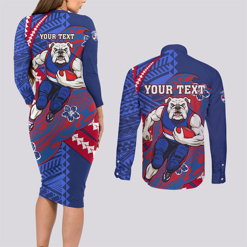 Personalized Western Bulldogs Couples Matching Long Sleeve Bodycon Dress and Long Sleeve Button Shirt Polynesian Tribal Bulldog Mascot With Hibiscus Floral Art