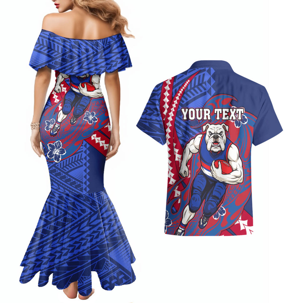 Personalized Western Bulldogs Couples Matching Mermaid Dress and Hawaiian Shirt Polynesian Tribal Bulldog Mascot With Hibiscus Floral Art