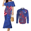 Personalized Western Bulldogs Couples Matching Mermaid Dress and Long Sleeve Button Shirt Polynesian Tribal Bulldog Mascot With Hibiscus Floral Art