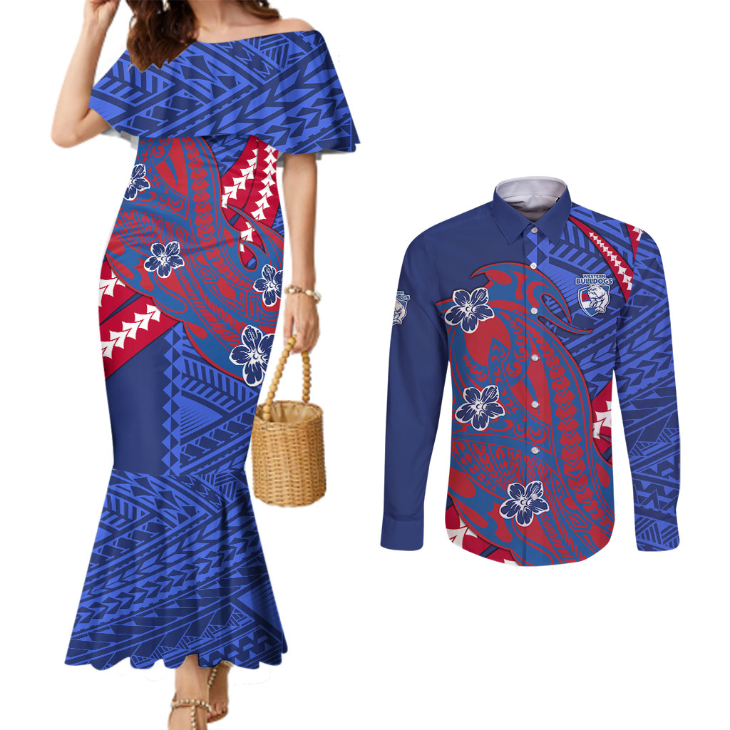 Personalized Western Bulldogs Couples Matching Mermaid Dress and Long Sleeve Button Shirt Polynesian Tribal Bulldog Mascot With Hibiscus Floral Art