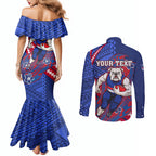 Personalized Western Bulldogs Couples Matching Mermaid Dress and Long Sleeve Button Shirt Polynesian Tribal Bulldog Mascot With Hibiscus Floral Art