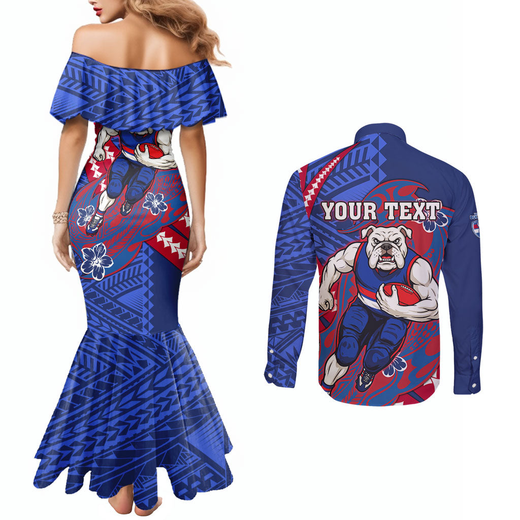 Personalized Western Bulldogs Couples Matching Mermaid Dress and Long Sleeve Button Shirt Polynesian Tribal Bulldog Mascot With Hibiscus Floral Art