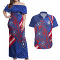 Personalized Western Bulldogs Couples Matching Off Shoulder Maxi Dress and Hawaiian Shirt Polynesian Tribal Bulldog Mascot With Hibiscus Floral Art