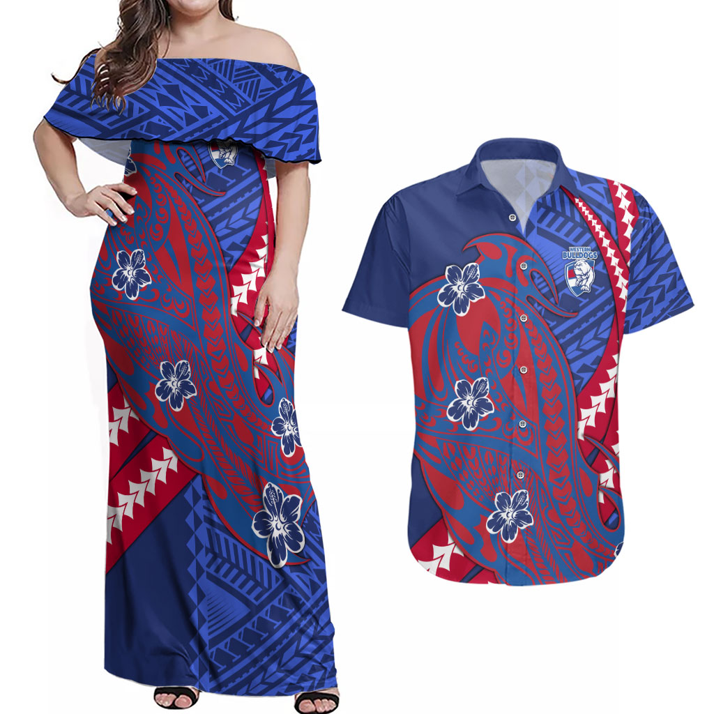 Personalized Western Bulldogs Couples Matching Off Shoulder Maxi Dress and Hawaiian Shirt Polynesian Tribal Bulldog Mascot With Hibiscus Floral Art