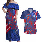 Personalized Western Bulldogs Couples Matching Off Shoulder Maxi Dress and Hawaiian Shirt Polynesian Tribal Bulldog Mascot With Hibiscus Floral Art