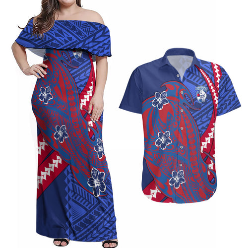 Personalized Western Bulldogs Couples Matching Off Shoulder Maxi Dress and Hawaiian Shirt Polynesian Tribal Bulldog Mascot With Hibiscus Floral Art