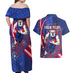 Personalized Western Bulldogs Couples Matching Off Shoulder Maxi Dress and Hawaiian Shirt Polynesian Tribal Bulldog Mascot With Hibiscus Floral Art