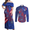 Personalized Western Bulldogs Couples Matching Off Shoulder Maxi Dress and Long Sleeve Button Shirt Polynesian Tribal Bulldog Mascot With Hibiscus Floral Art