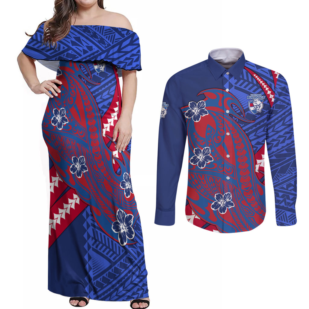 Personalized Western Bulldogs Couples Matching Off Shoulder Maxi Dress and Long Sleeve Button Shirt Polynesian Tribal Bulldog Mascot With Hibiscus Floral Art