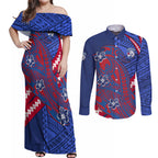 Personalized Western Bulldogs Couples Matching Off Shoulder Maxi Dress and Long Sleeve Button Shirt Polynesian Tribal Bulldog Mascot With Hibiscus Floral Art
