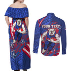 Personalized Western Bulldogs Couples Matching Off Shoulder Maxi Dress and Long Sleeve Button Shirt Polynesian Tribal Bulldog Mascot With Hibiscus Floral Art