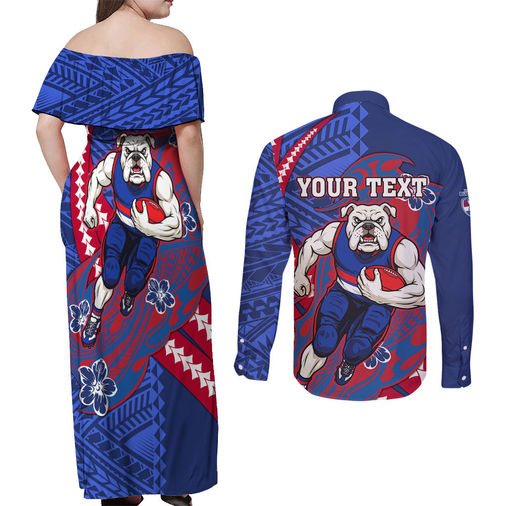 Personalized Western Bulldogs Couples Matching Off Shoulder Maxi Dress and Long Sleeve Button Shirt Polynesian Tribal Bulldog Mascot With Hibiscus Floral Art