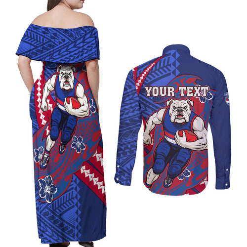 Personalized Western Bulldogs Couples Matching Off Shoulder Maxi Dress and Long Sleeve Button Shirt Polynesian Tribal Bulldog Mascot With Hibiscus Floral Art