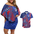 Personalized Western Bulldogs Couples Matching Off Shoulder Short Dress and Hawaiian Shirt Polynesian Tribal Bulldog Mascot With Hibiscus Floral Art